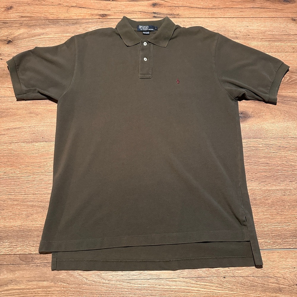 Vintage Polo Ralph Lauren Olive Green Pique Polo Shirt Mens Large Short Sleeve - Picture 2 of 6
